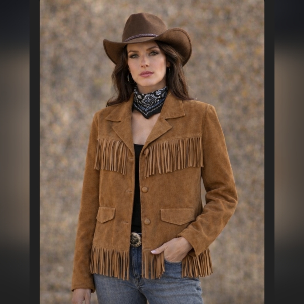 LONESTAR Western Fringe Suede Leather Tan Jacket Women's Sz L Like New